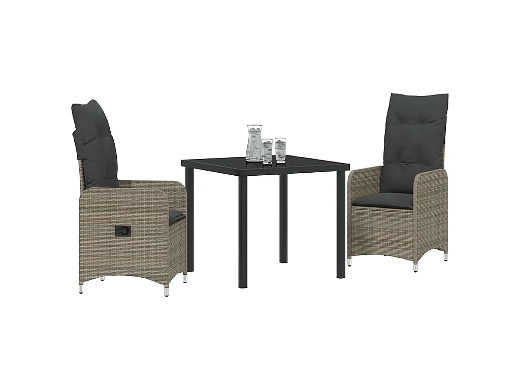 Set de salle à manger de jardin 3 pièces avec coussins rattan poly gris