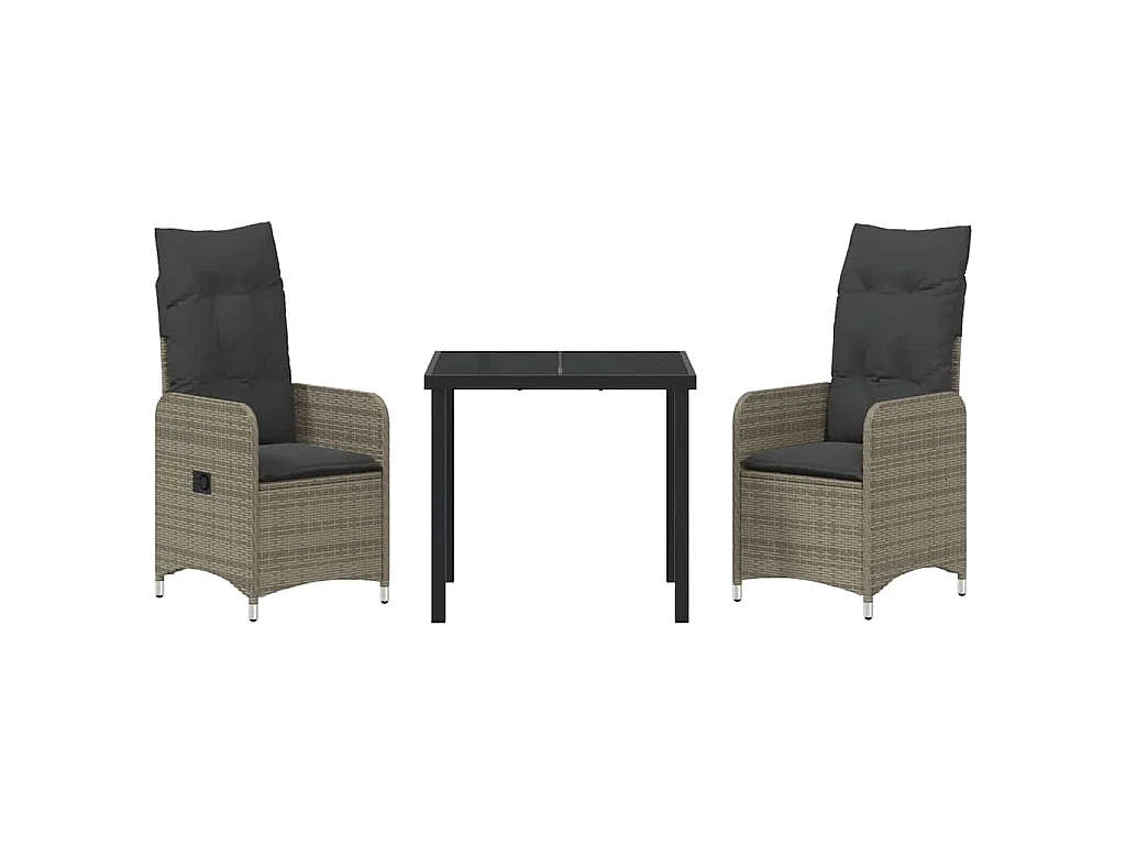 Set de salle à manger de jardin 3 pièces avec coussins rattan poly gris