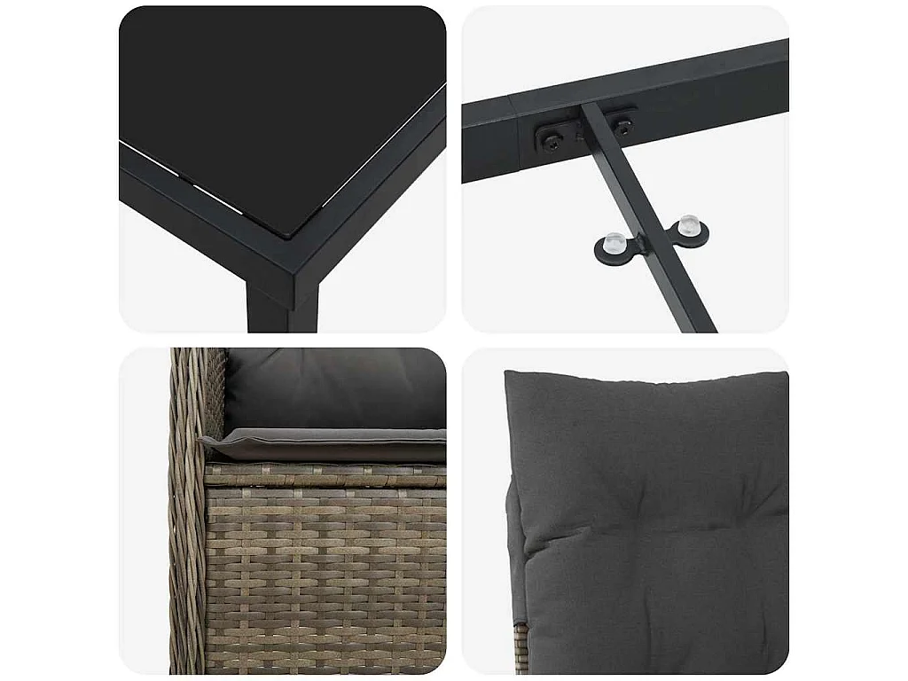 Set de salle à manger de jardin 3 pièces avec coussins rattan poly gris