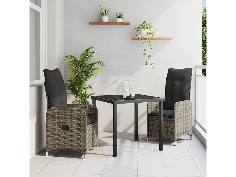 3-teiliges Garten-Essset mit grauen Polyrattan-Kissen