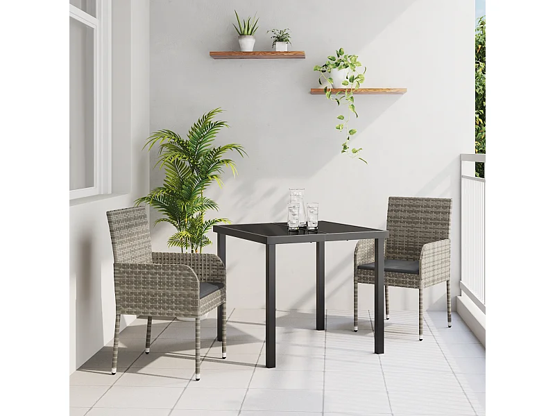 Set da giardino 3 pezzi con cuscini in polyrattan grigio