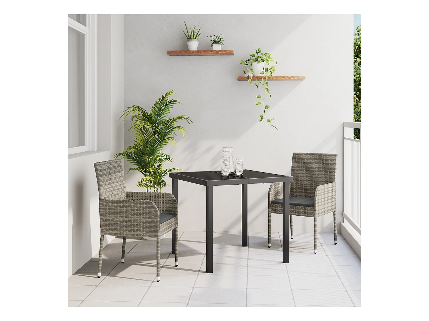 Set da giardino 3 pezzi con cuscini in polyrattan grigio