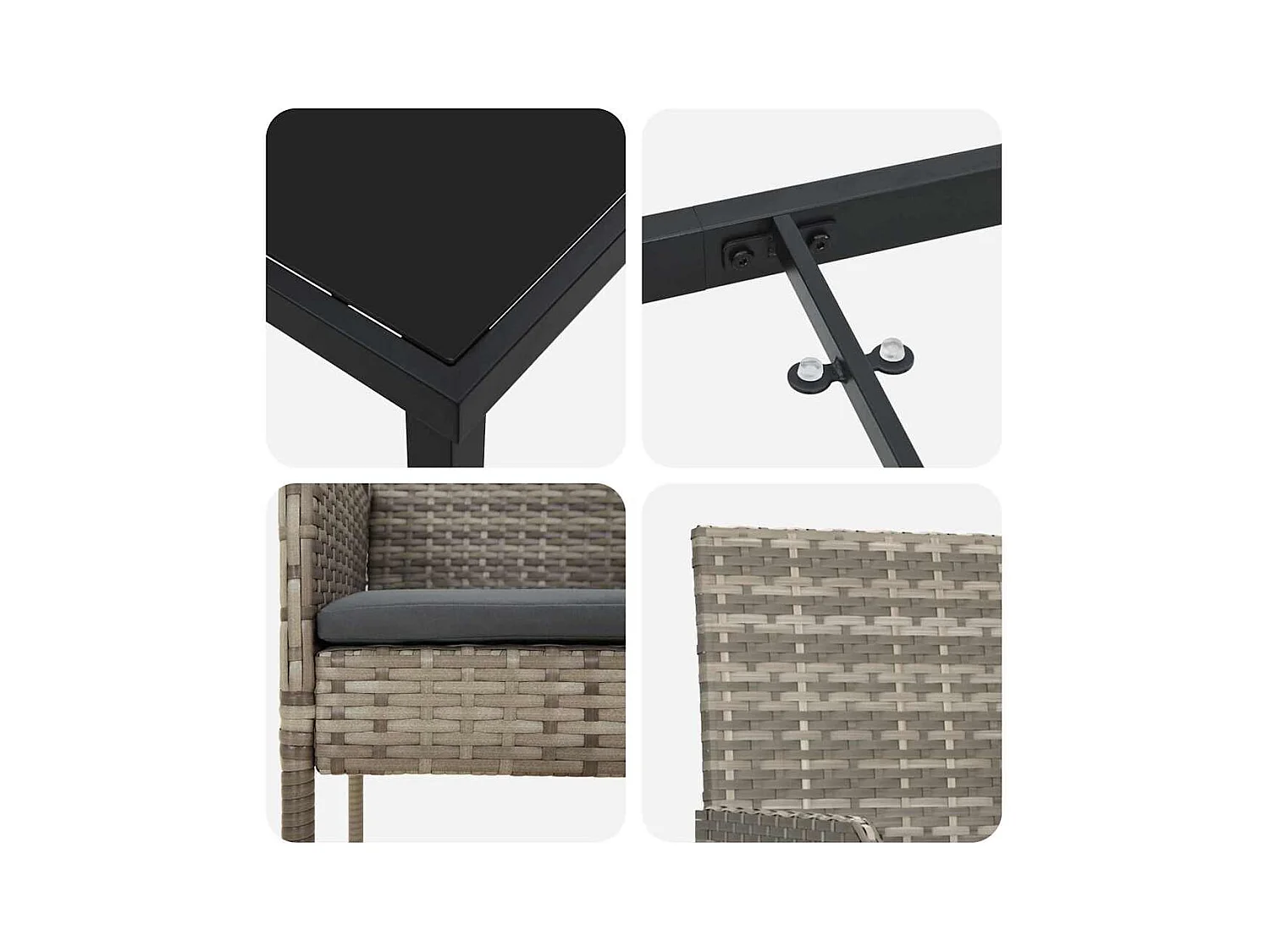 Set da giardino 3 pezzi con cuscini in polyrattan grigio