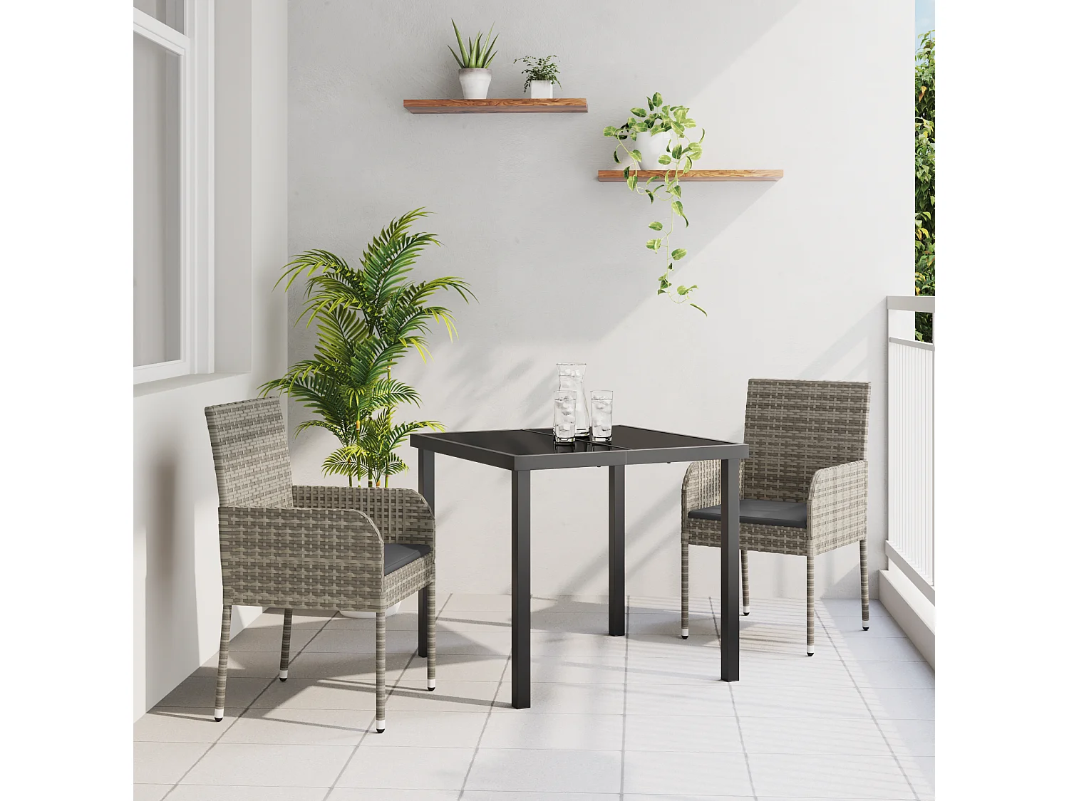 Ensemble de jardin 3 pièces avec coussins gris en poly rotin