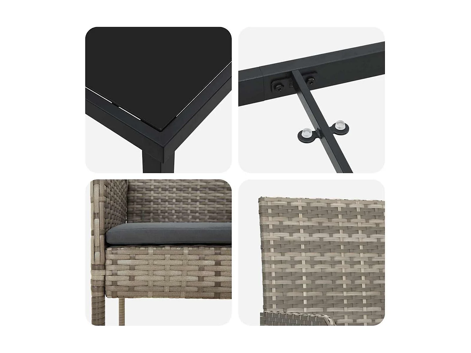 Ensemble de jardin 3 pièces avec coussins gris en poly rotin