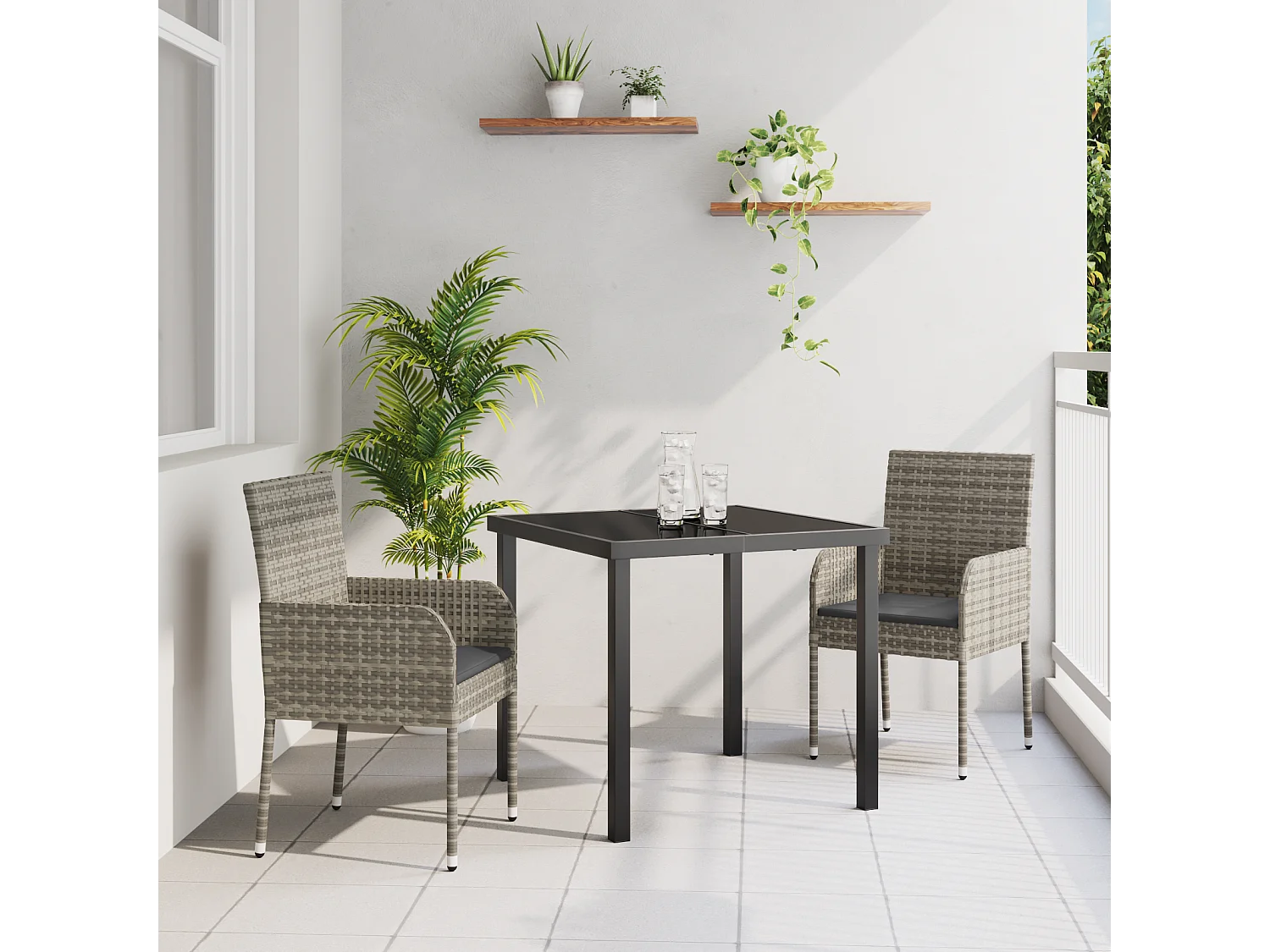 3-teiliges Gartenset mit grauen Polyrattan-Kissen