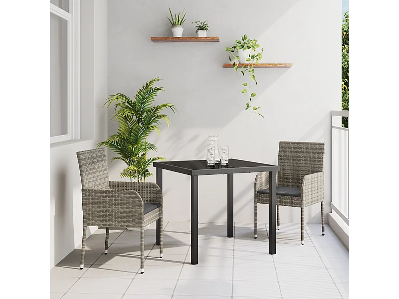 3-teiliges Gartenset mit grauen Polyrattan-Kissen