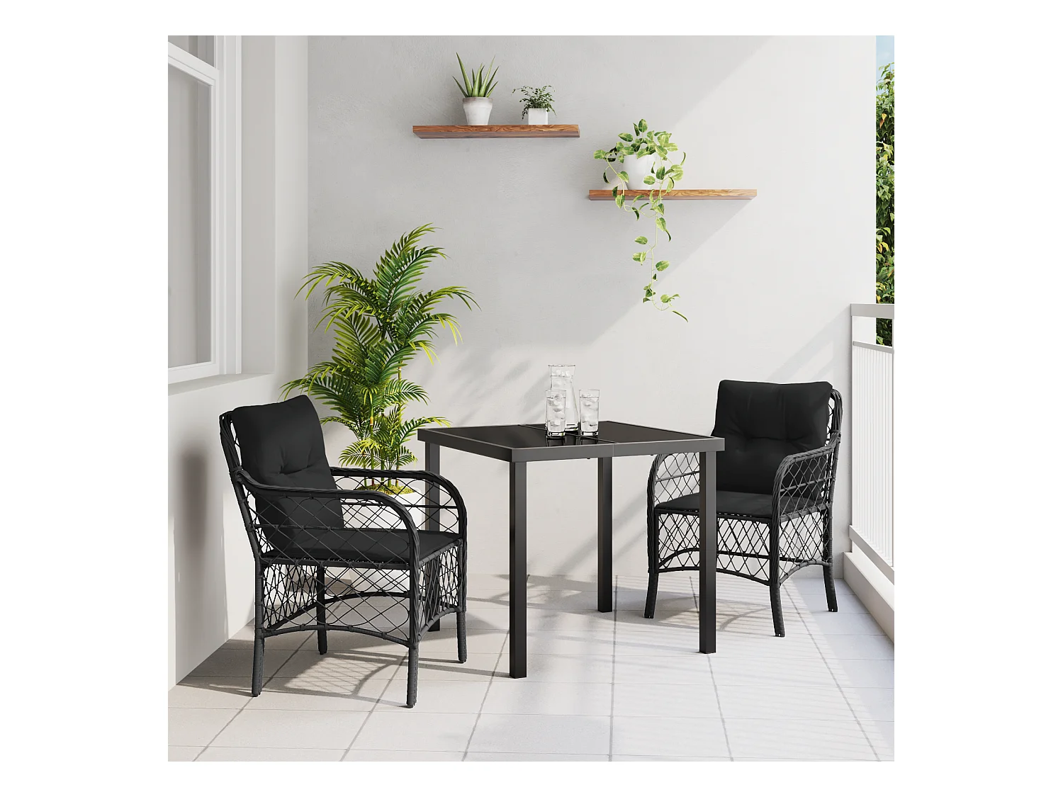 Set da pranzo da giardino 3 pezzi con cuscini in polyrattan nero