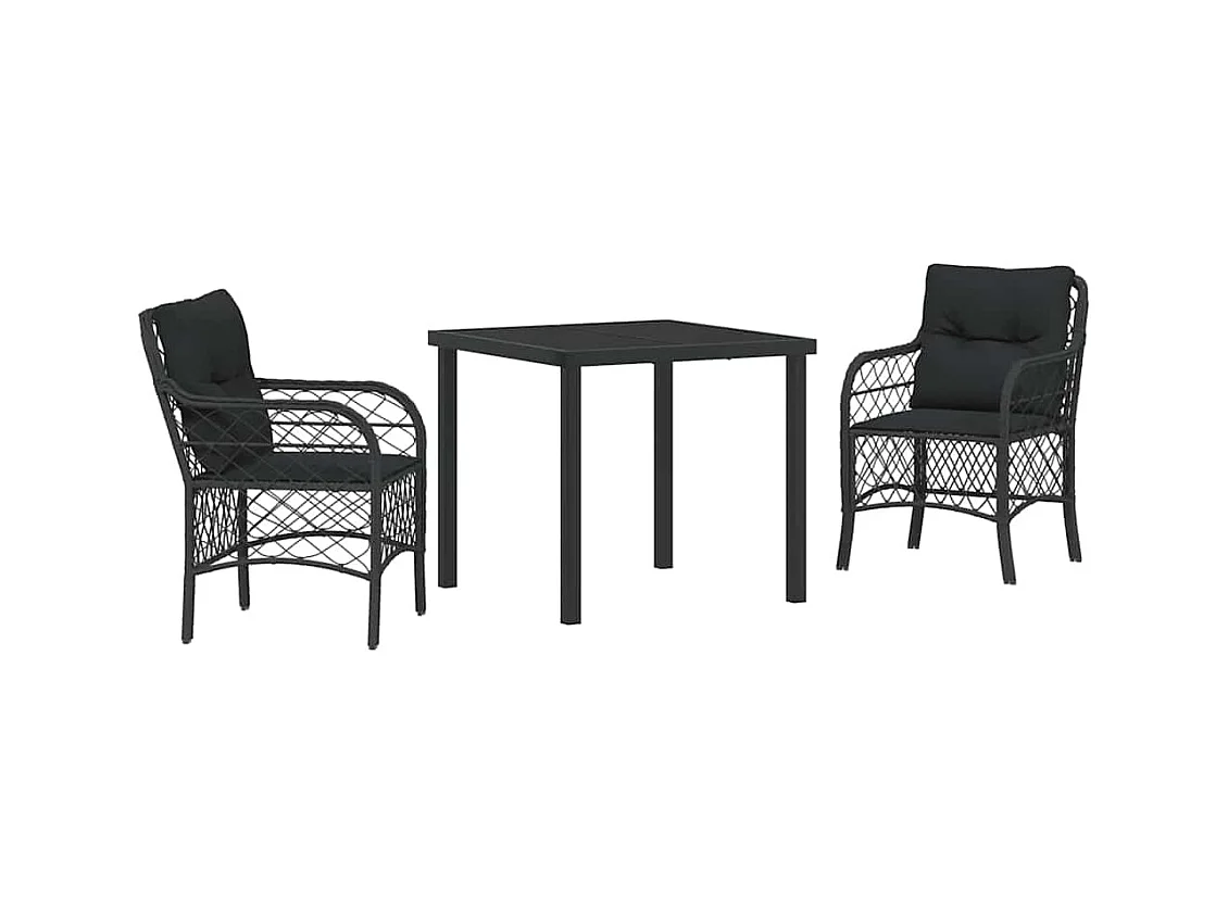 Set da pranzo da giardino 3 pezzi con cuscini in polyrattan nero