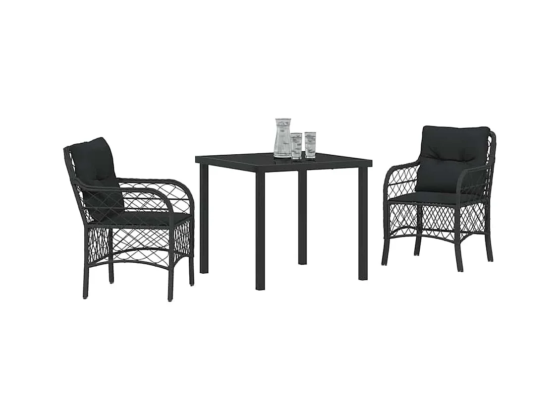 Set da pranzo da giardino 3 pezzi con cuscini in polyrattan nero