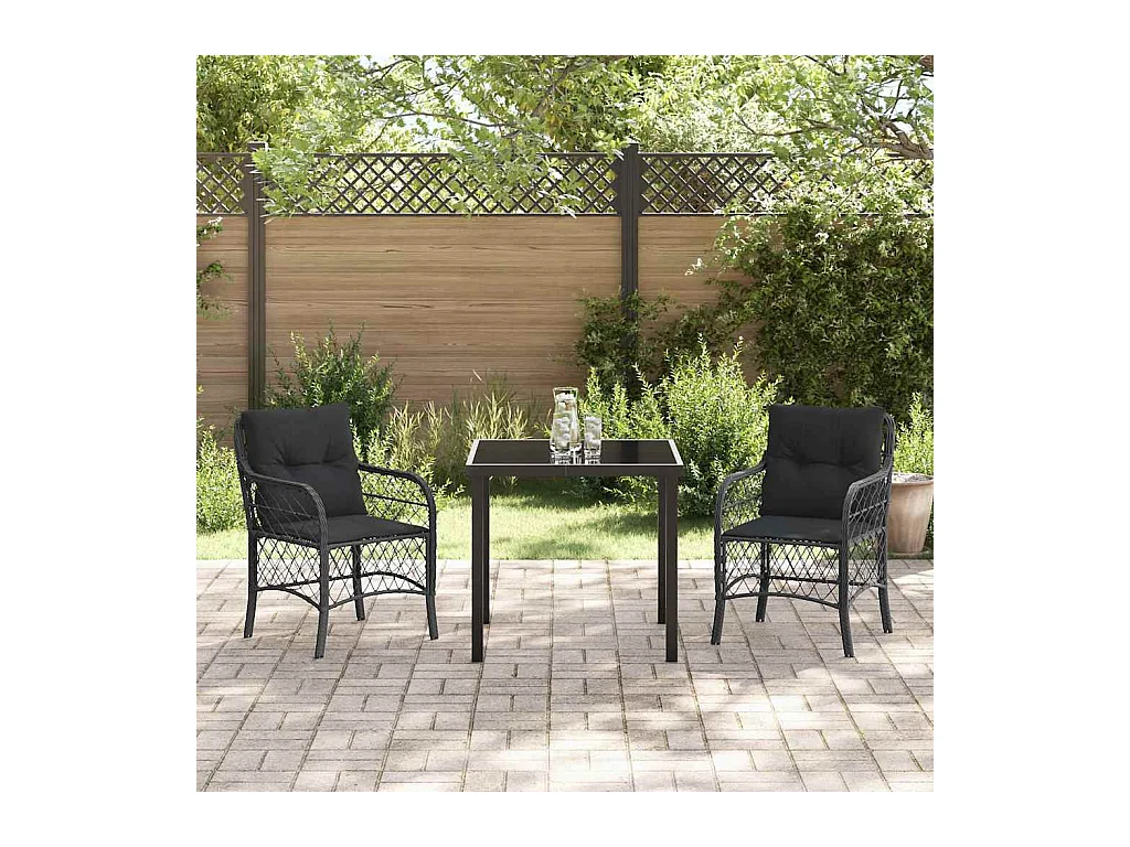 Set da pranzo da giardino 3 pezzi con cuscini in polyrattan nero