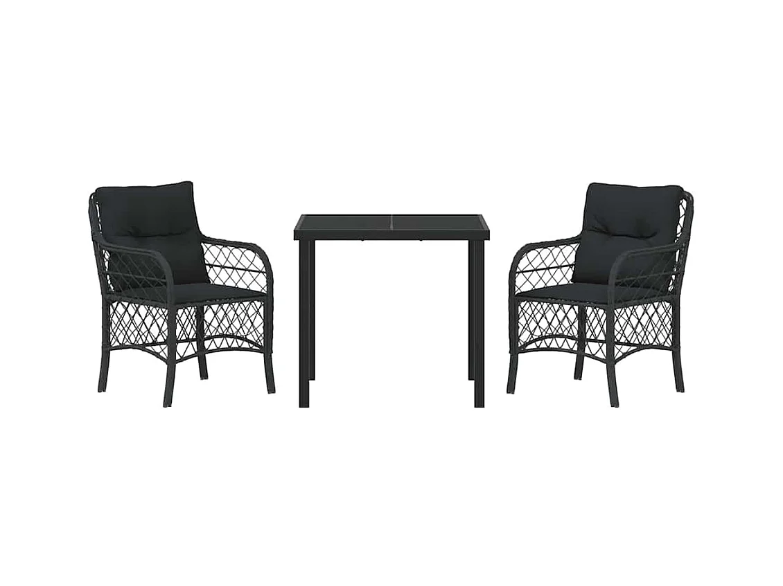 Set da pranzo da giardino 3 pezzi con cuscini in polyrattan nero