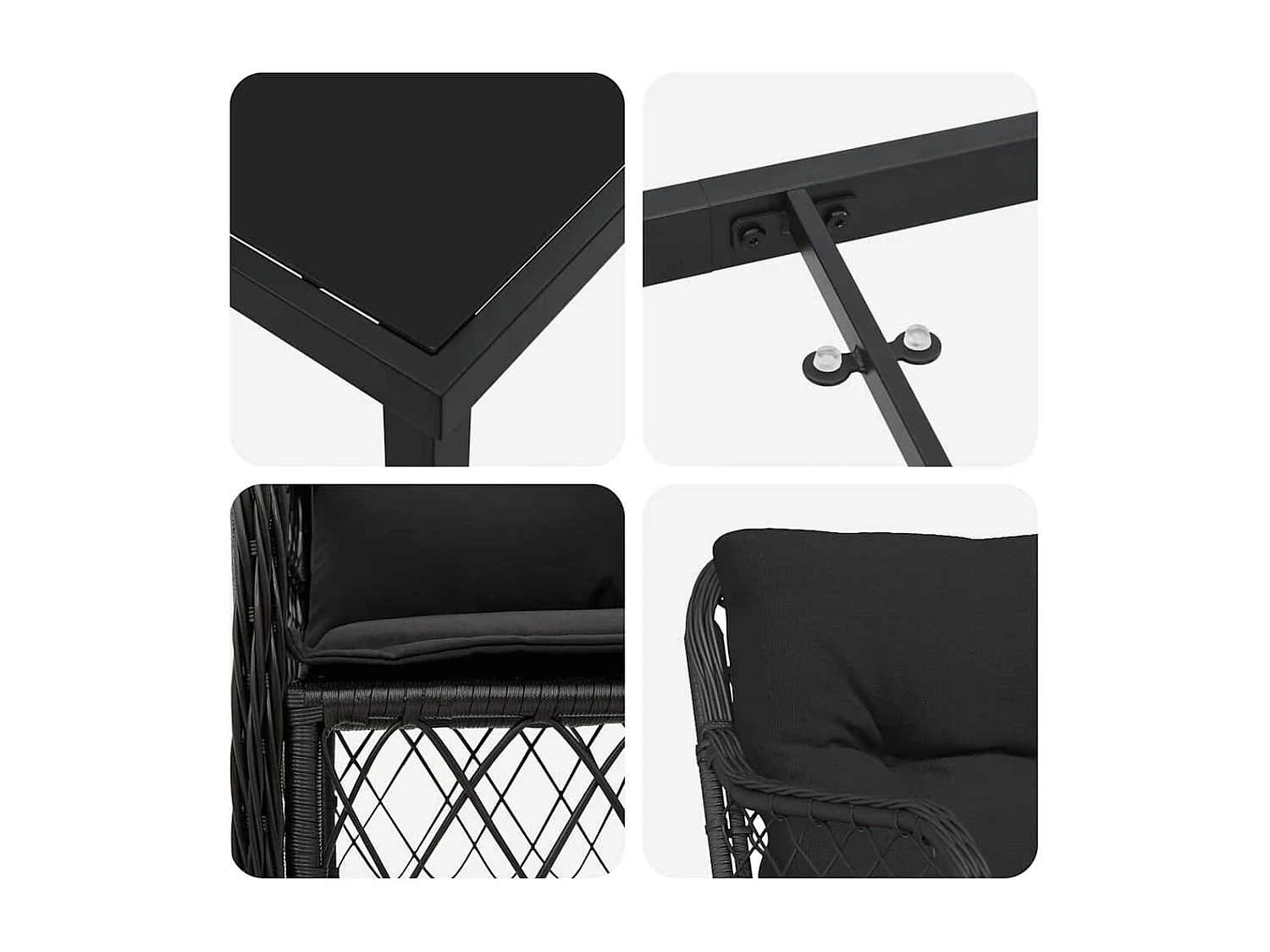 Set da pranzo da giardino 3 pezzi con cuscini in polyrattan nero