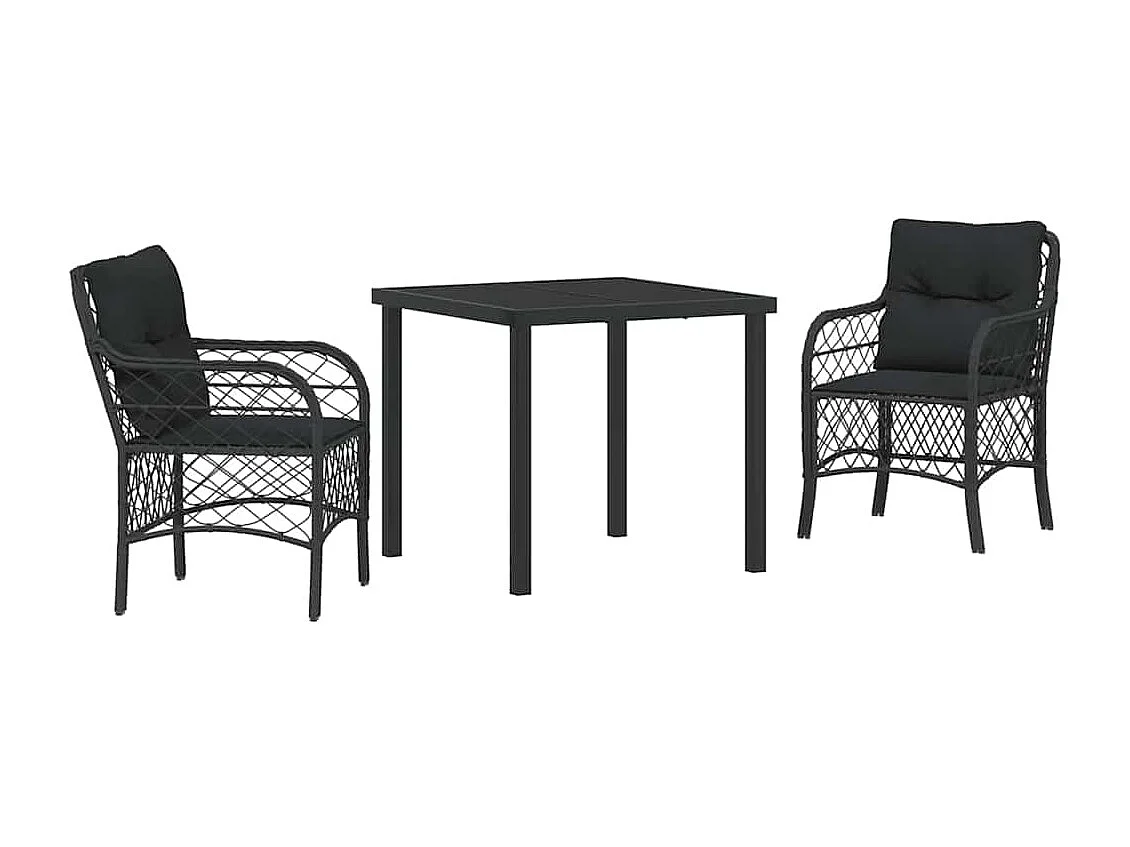 3-delige tuinset met kussens, zwart polyrotan