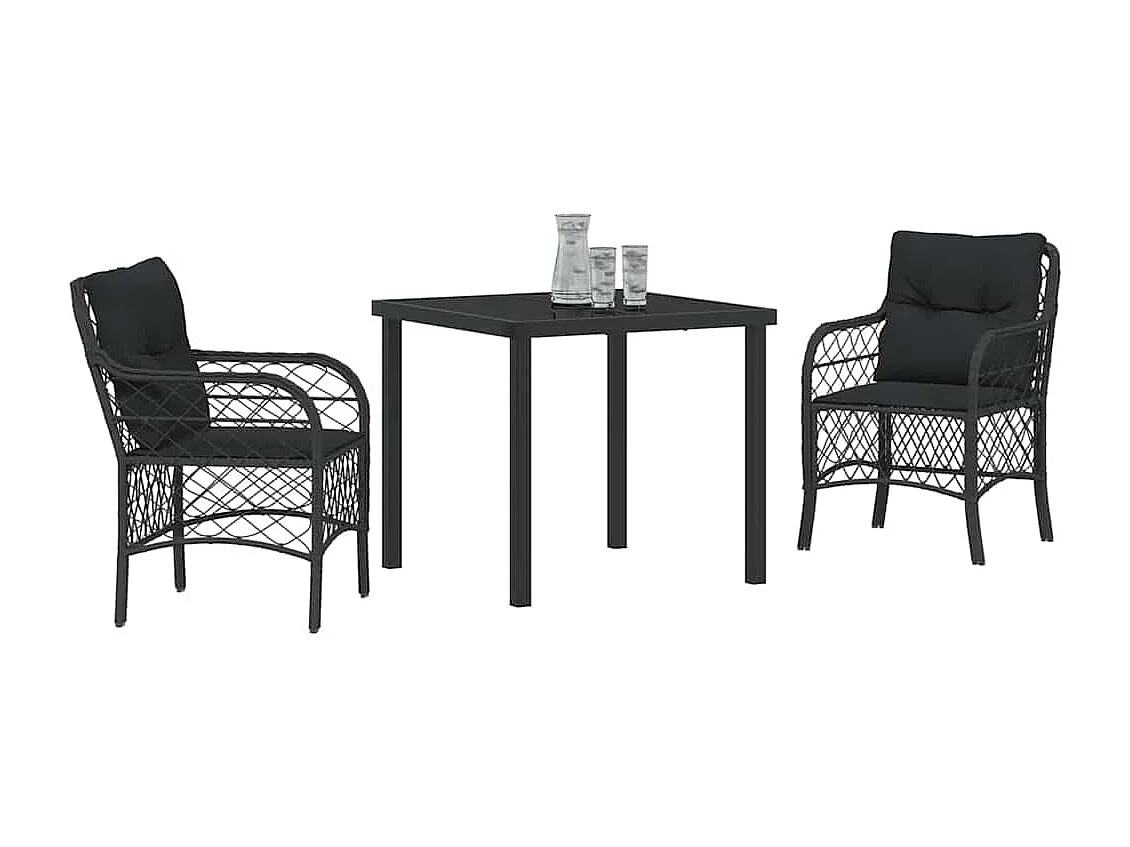 3-delige tuinset met kussens, zwart polyrotan
