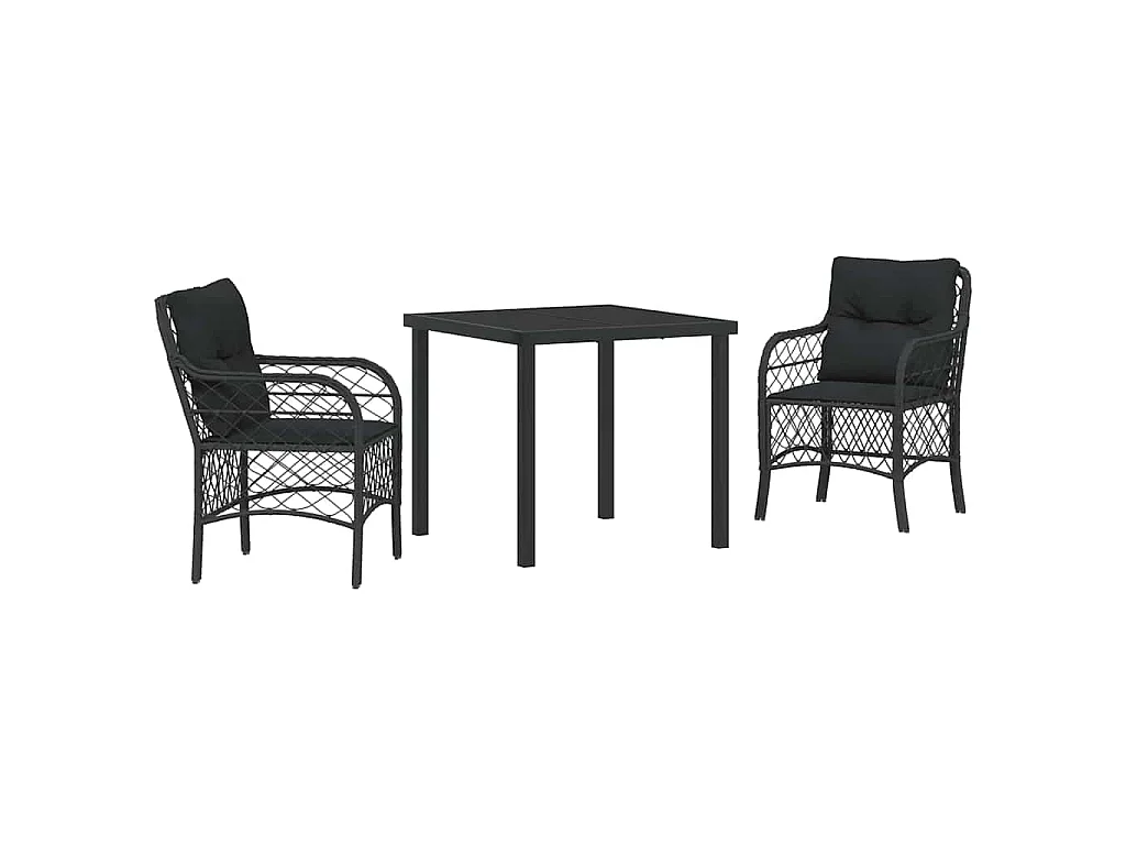 Juego de comedor de jardín de 3 piezas con cojines de ratán sintético negro