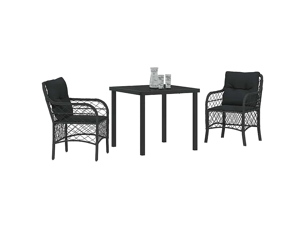 Juego de comedor de jardín de 3 piezas con cojines de ratán sintético negro