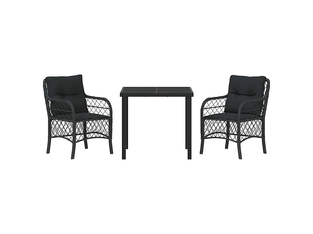 Juego de comedor de jardín de 3 piezas con cojines de ratán sintético negro