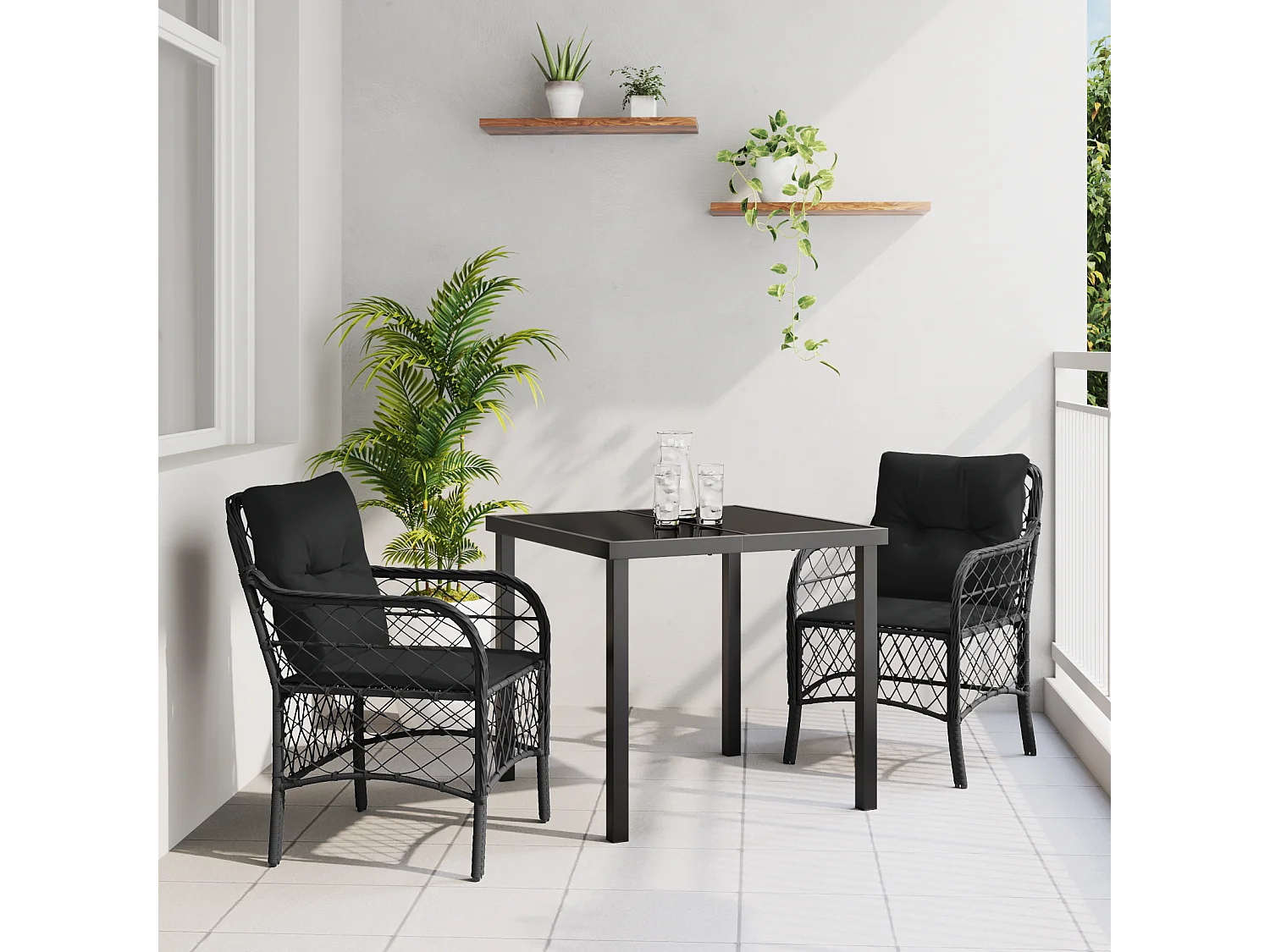 Set da pranzo da giardino 3 pezzi con cuscini in polyrattan nero