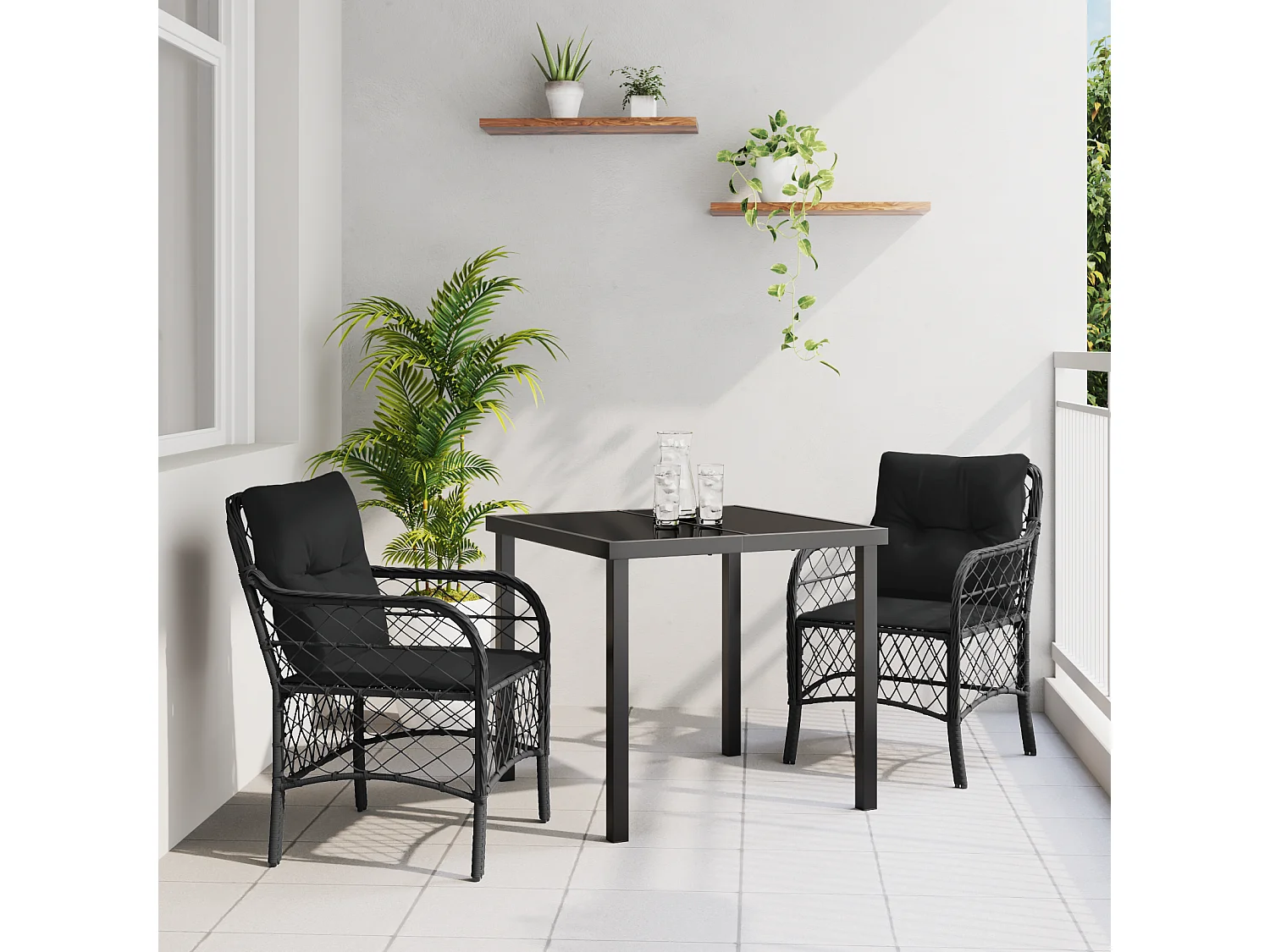 Juego de comedor de jardín de 3 piezas con cojines de ratán sintético negro