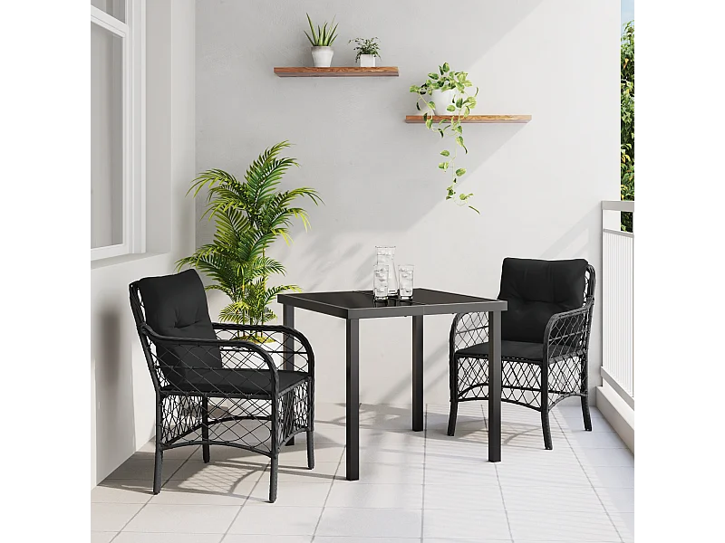 Set da pranzo da giardino 3 pezzi con cuscini in polyrattan nero