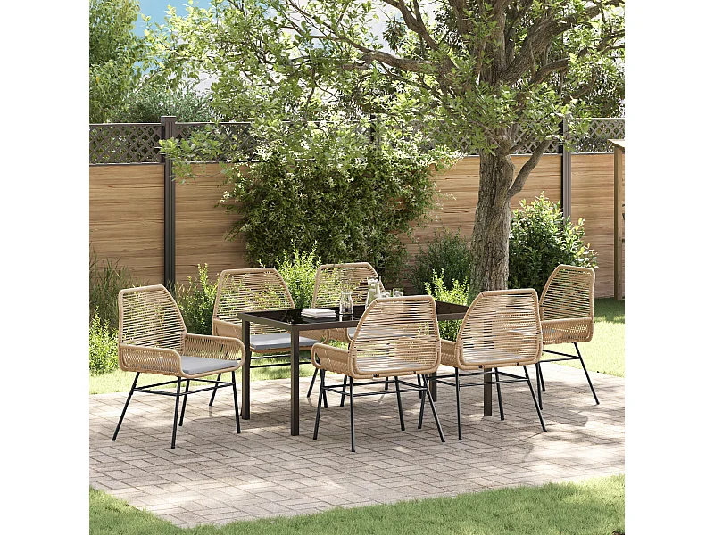 Set da pranzo da giardino 7 pezzi con cuscini marroni in polyrattan