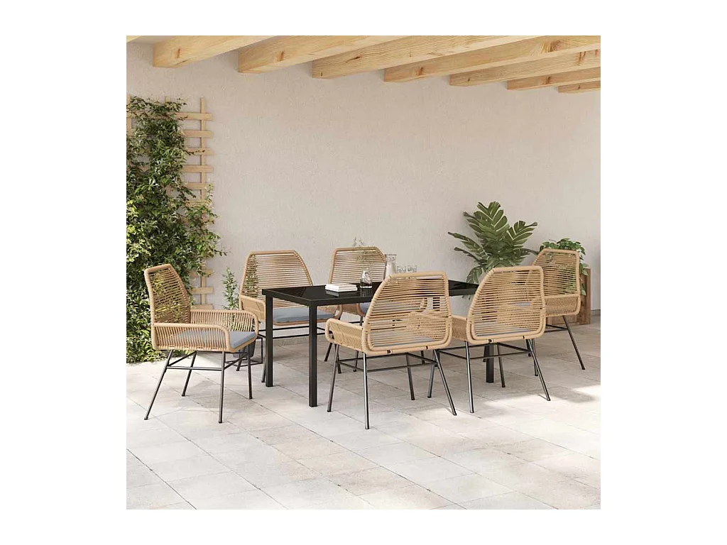 Set da pranzo da giardino 7 pezzi con cuscini marroni in polyrattan