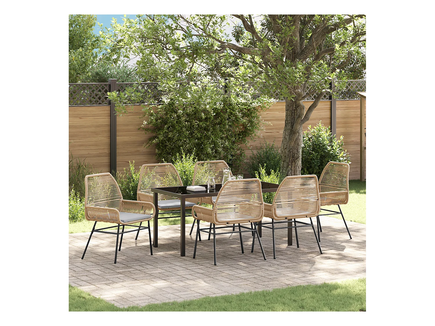 7-teiliges Garten-Essset mit braunen Kissen aus Polyrattan