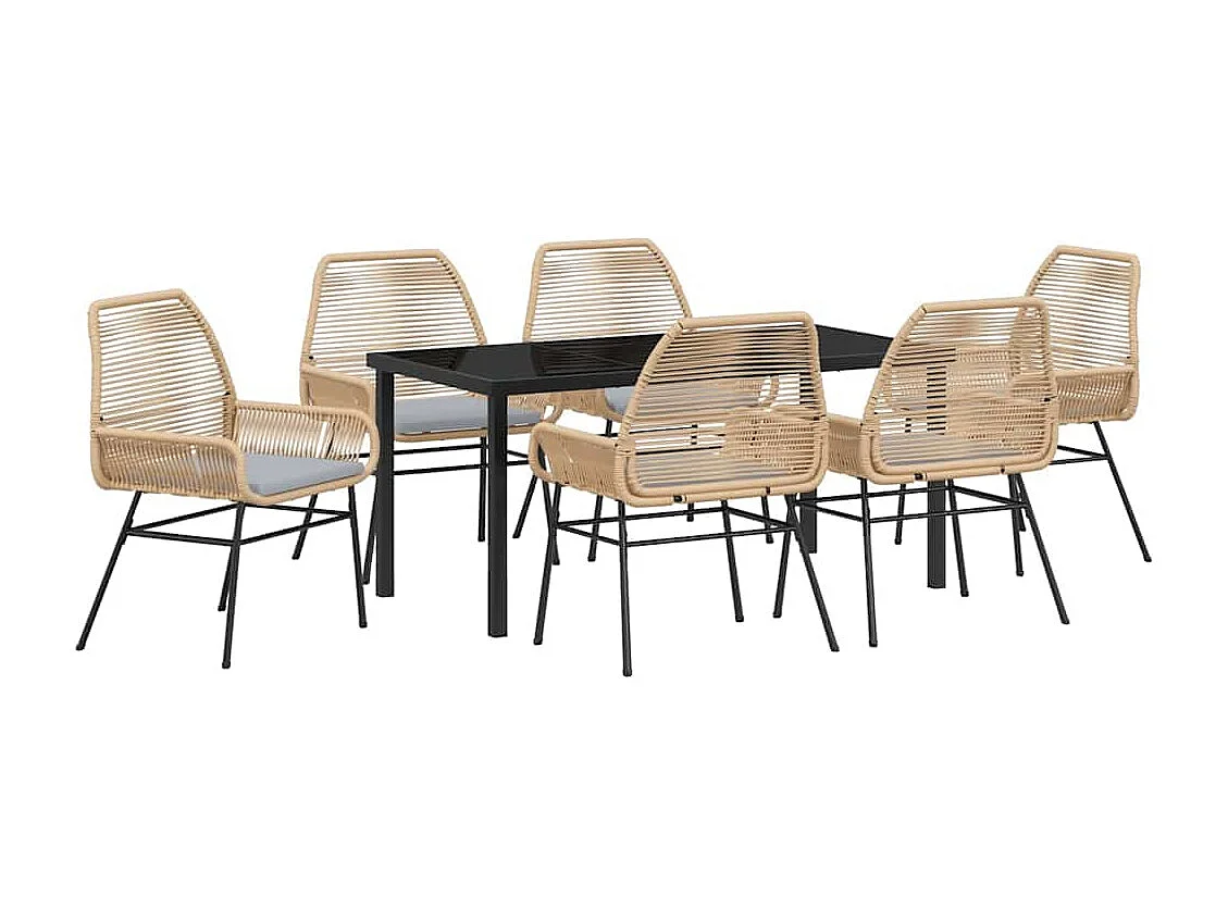 Ensemble de Salle à Manger de Jardin 7 Pièces avec Coussins Marron en Rattan Poly