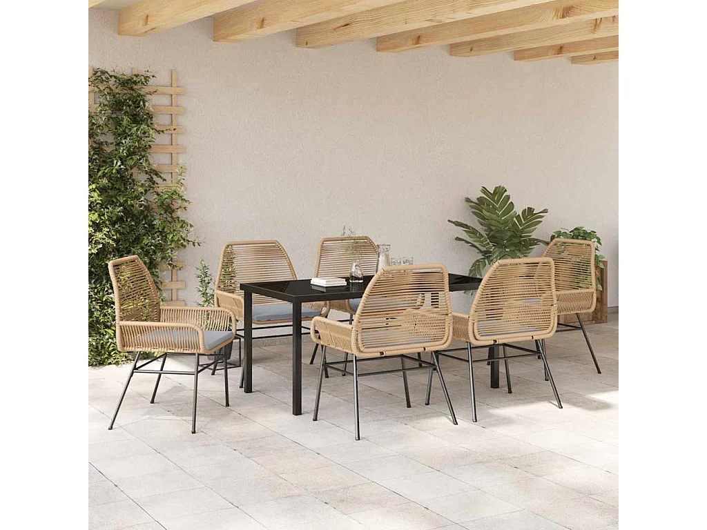 Ensemble de Salle à Manger de Jardin 7 Pièces avec Coussins Marron en Rattan Poly