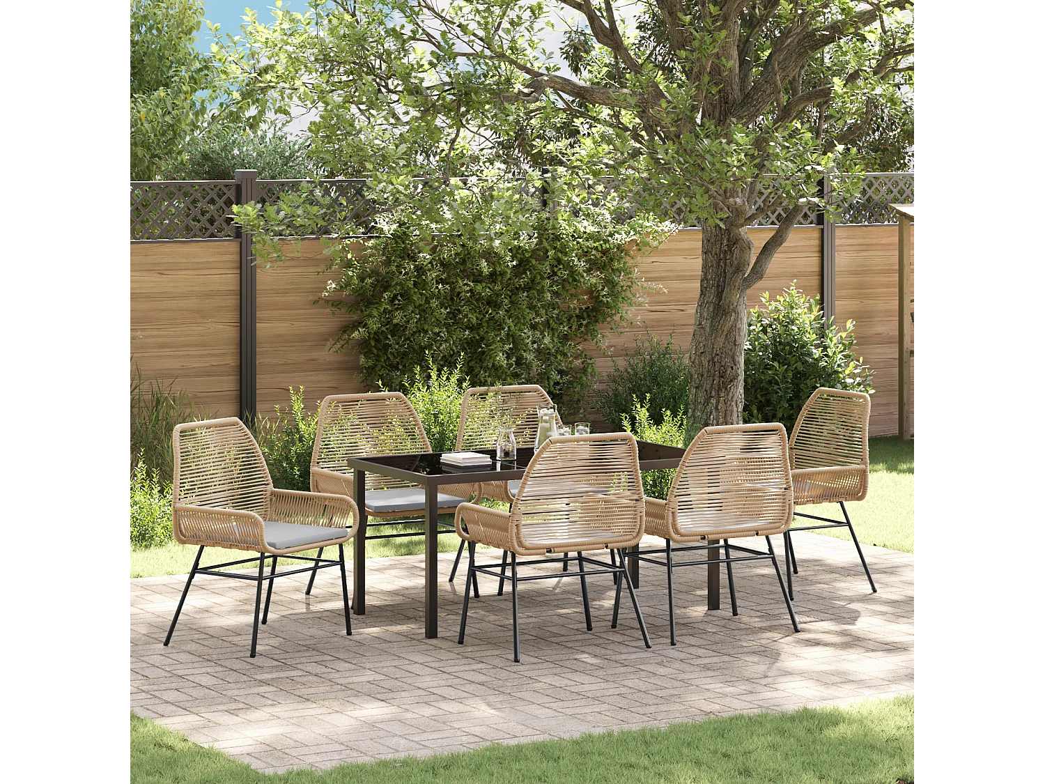 Set da pranzo da giardino 7 pezzi con cuscini marroni in polyrattan