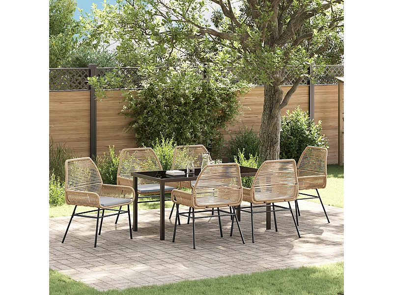 Set da pranzo da giardino 7 pezzi con cuscini marroni in polyrattan