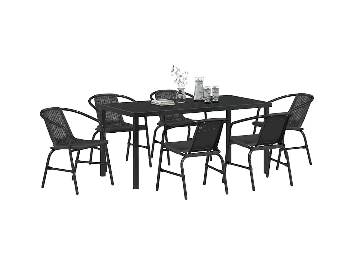 Set de salle à manger de jardin 7 pièces en rotin poly noir