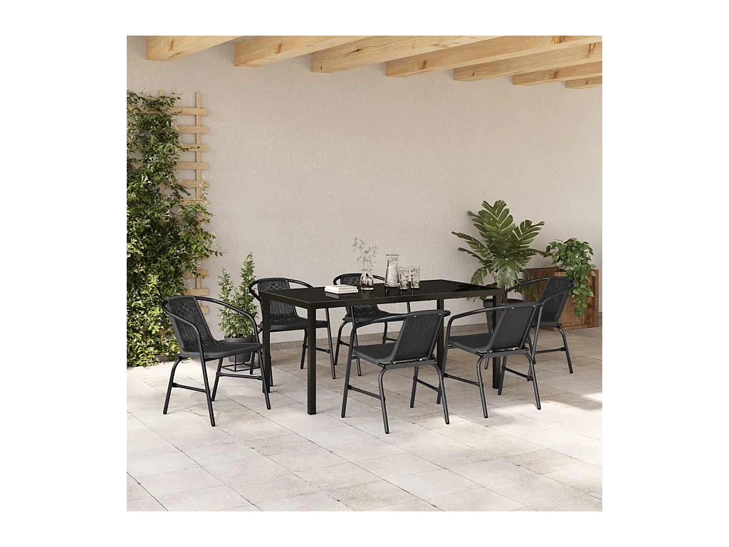 Set de salle à manger de jardin 7 pièces en rotin poly noir