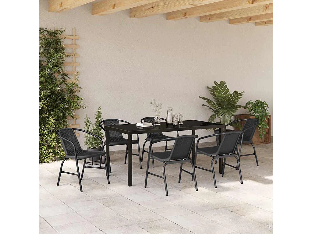 Set de salle à manger de jardin 7 pièces en rotin poly noir