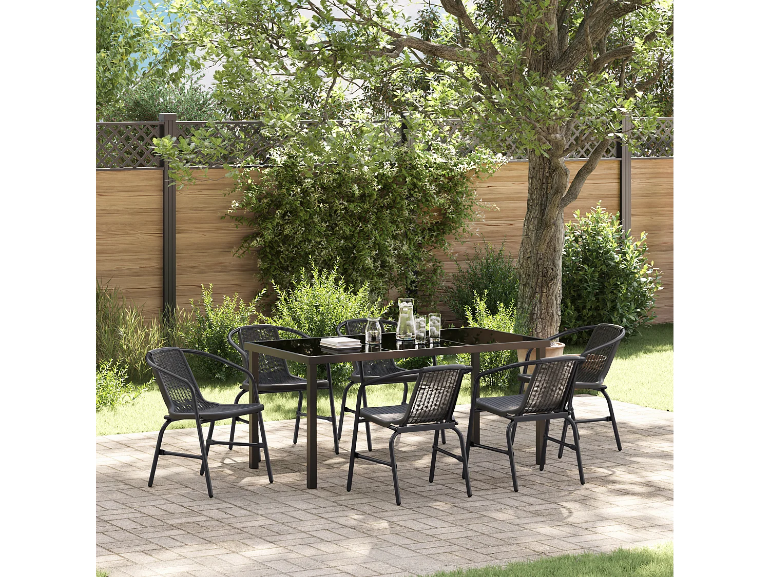Set da pranzo da giardino in polyrattan nero da 7 pezzi