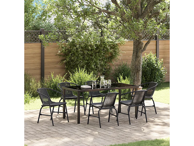 Set da pranzo da giardino in polyrattan nero da 7 pezzi