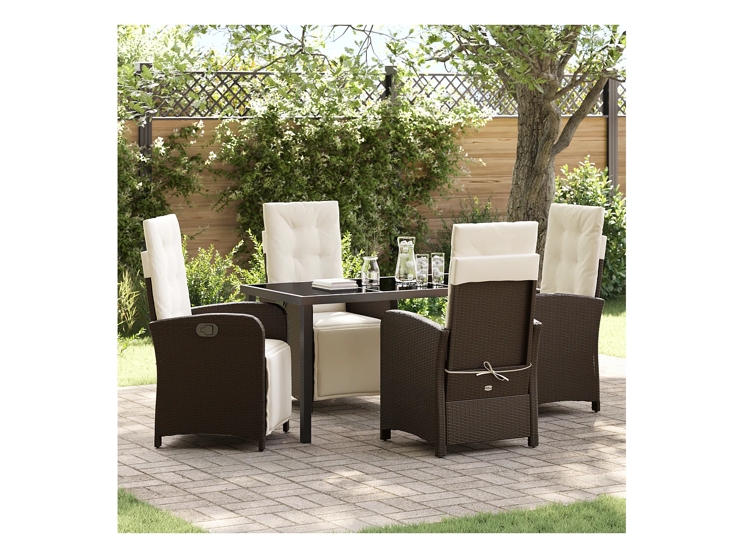 Set da pranzo da giardino 5 pezzi con cuscini in polyrattan marrone