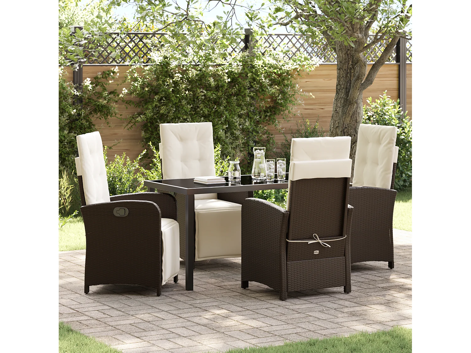 Ensemble de Repas de Jardin 5 Pièces avec Coussins en Rattan Poly Marron
