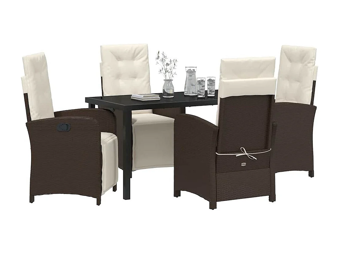 Ensemble de Repas de Jardin 5 Pièces avec Coussins en Rattan Poly Marron