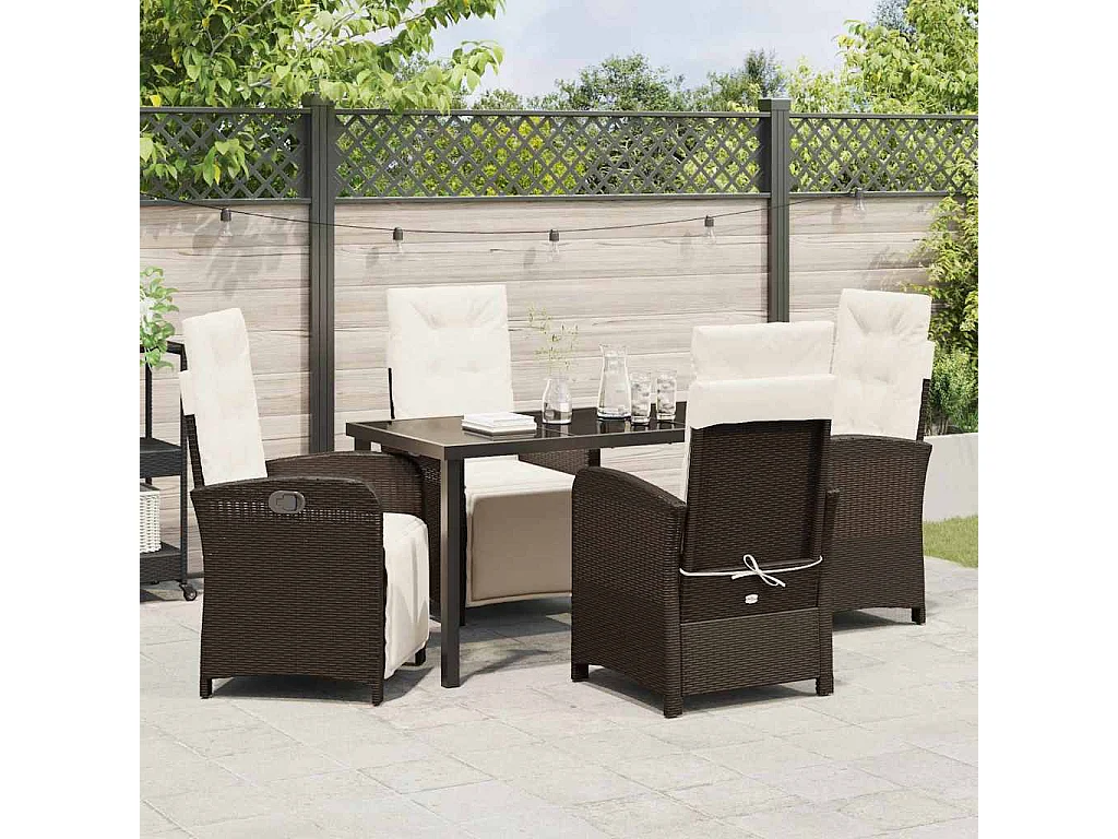 Ensemble de Repas de Jardin 5 Pièces avec Coussins en Rattan Poly Marron
