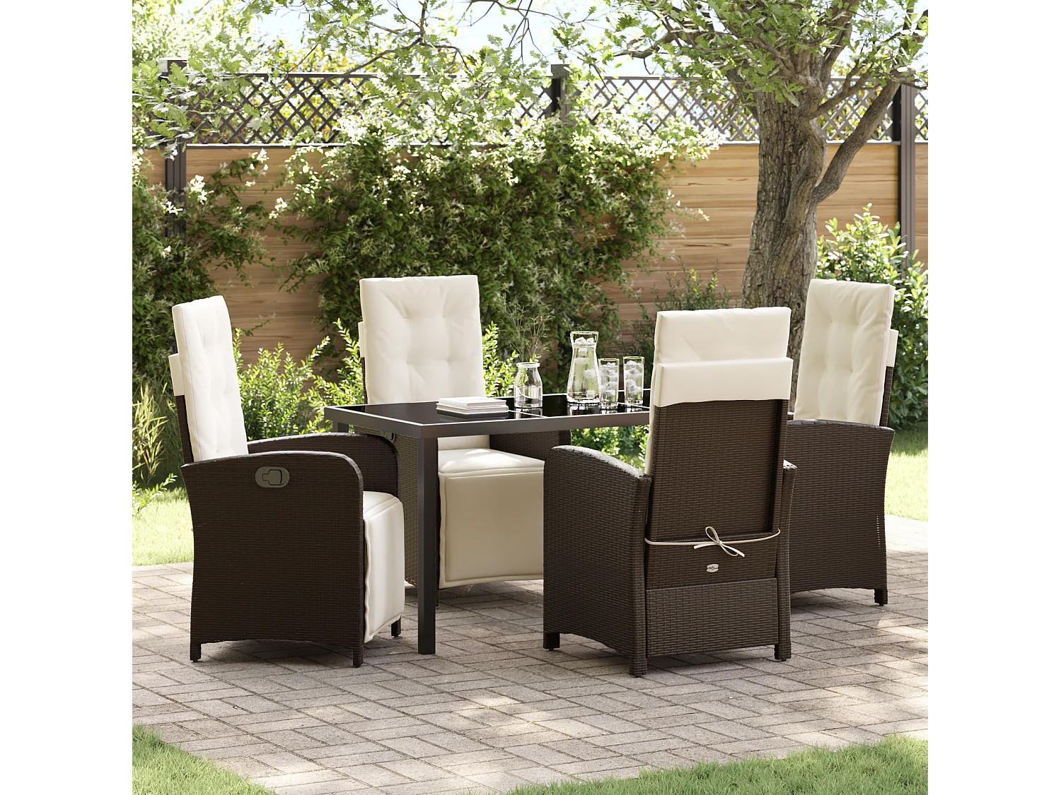 Ensemble de Repas de Jardin 5 Pièces avec Coussins en Rattan Poly Marron