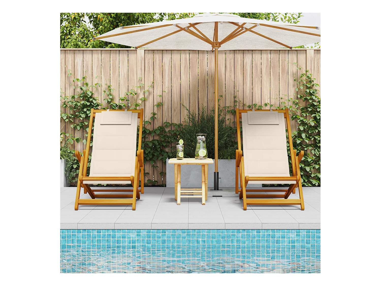 Sedie da spiaggia pieghevoli 2 pezzi color crema in legno massello di acacia e textilene