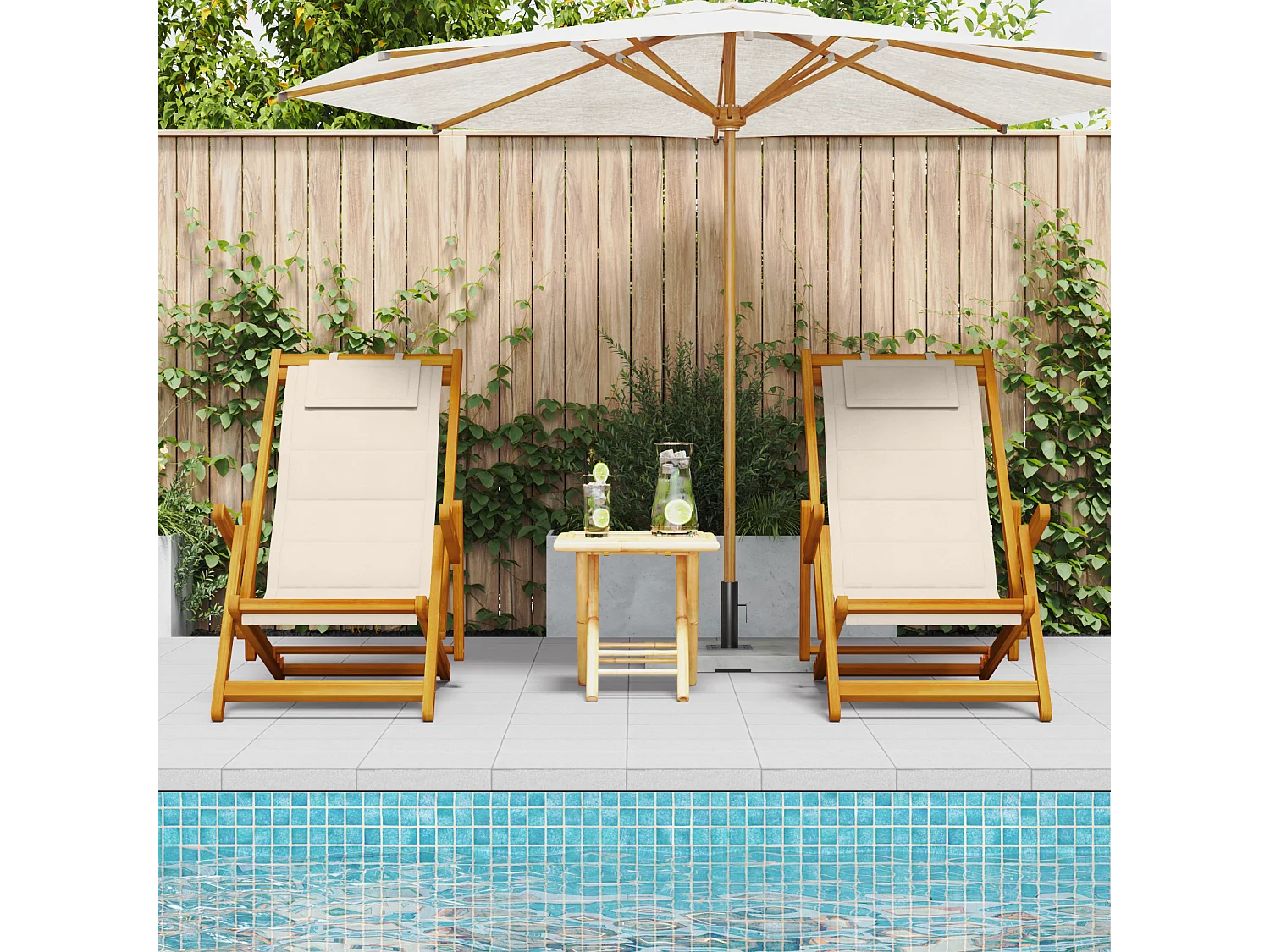 Chaises de plage pliantes 2 pcs Crème en bois d'acacia massif et Textilène