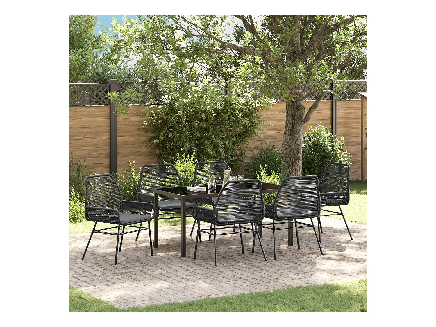 Ensemble de salle à manger de jardin 7 pièces avec coussins noir poly rattan