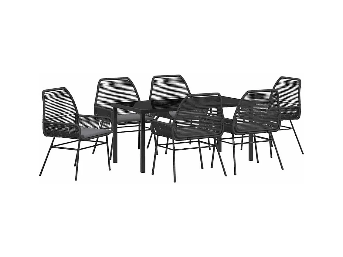Ensemble de salle à manger de jardin 7 pièces avec coussins noir poly rattan