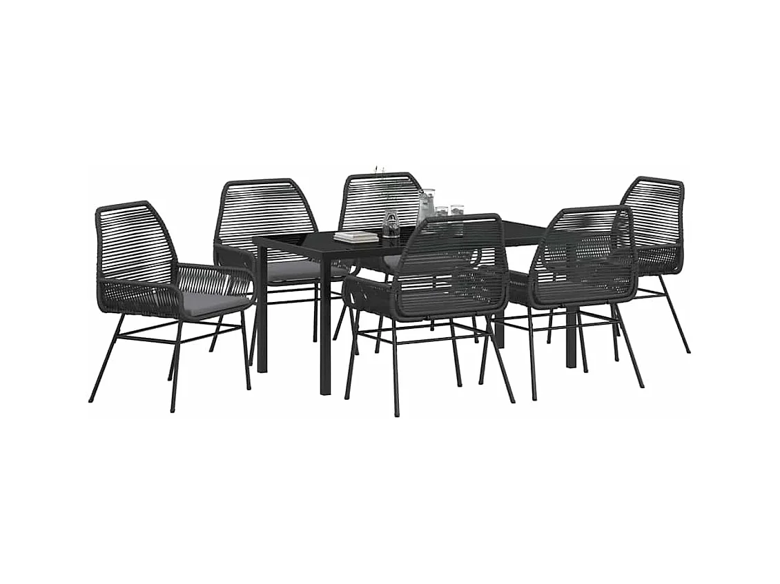 Ensemble de salle à manger de jardin 7 pièces avec coussins noir poly rattan
