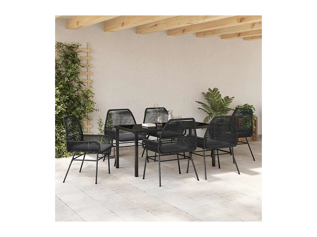 Ensemble de salle à manger de jardin 7 pièces avec coussins noir poly rattan