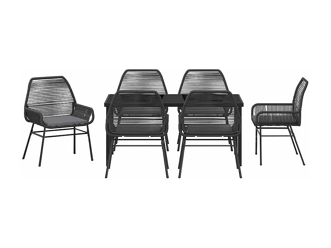 Ensemble de salle à manger de jardin 7 pièces avec coussins noir poly rattan
