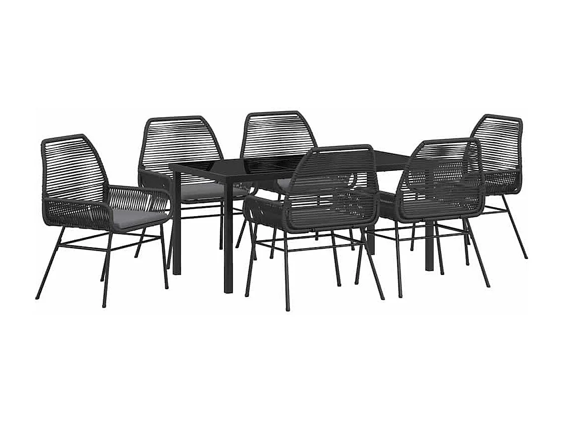 Ensemble de salle à manger de jardin 7 pièces avec coussins noir poly rattan